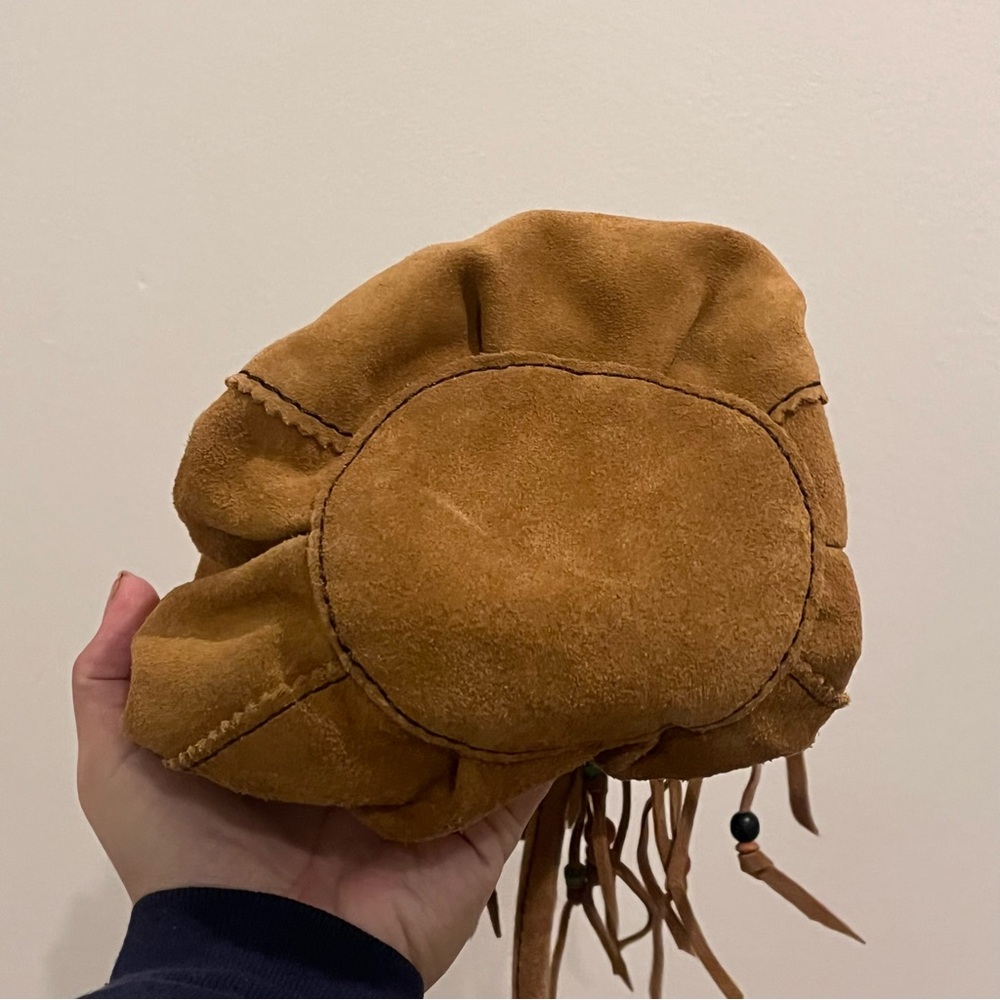 Lucky Brand Suedewood Fringe Beaded Bucket Style Crossbody Purse Y2K Vintage - Picture 3 of 5